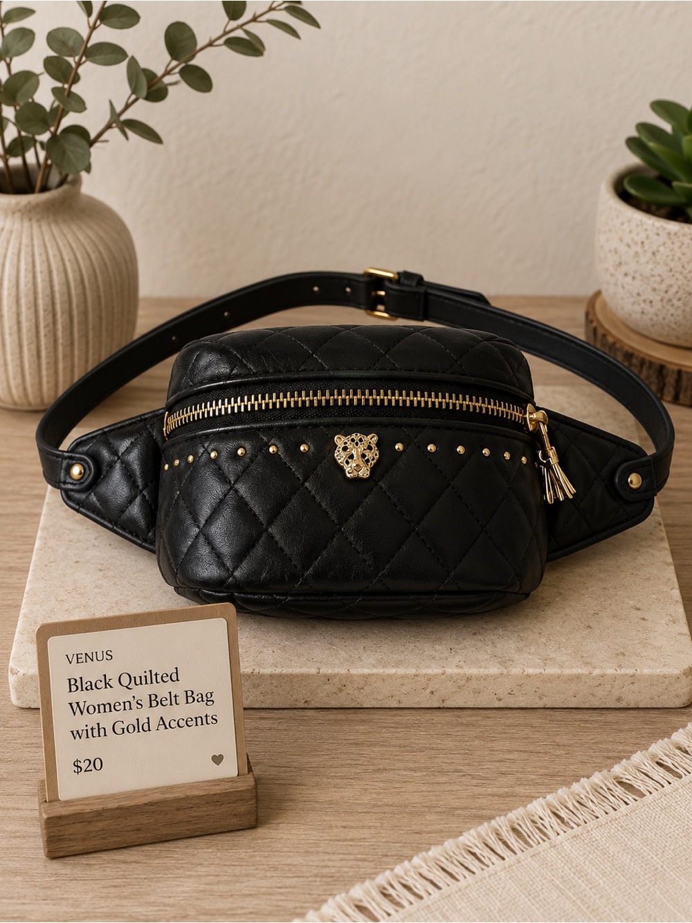 VENUS Black Quilted Women's Belt Bag with Gold Accents